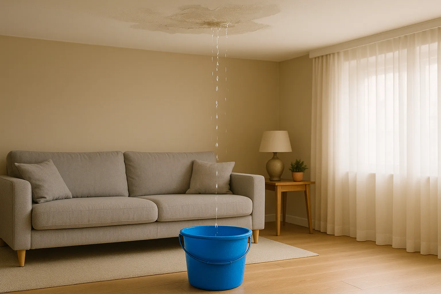 Emmer op de vloer onder een lekkend plafond in de woonkamer