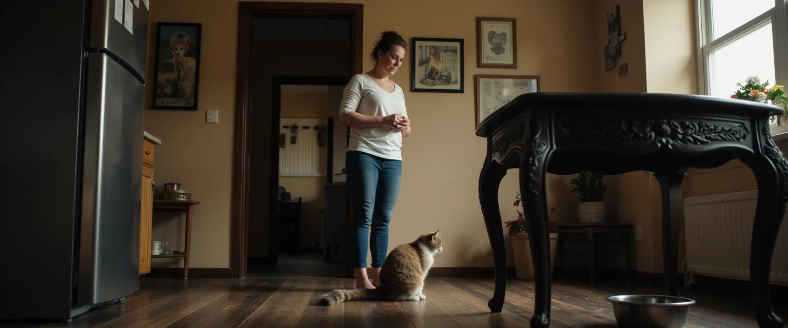 Een bezorgde eigenaar die een kat observeert die zijn voerbak negeert