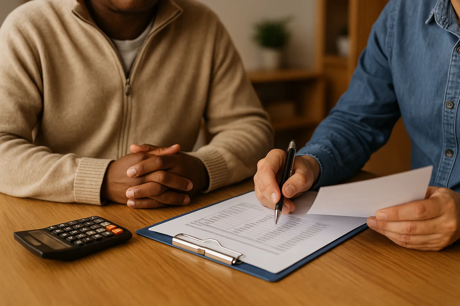 Een persoon die met een hulpverlener aan tafel financiële documenten doorneemt