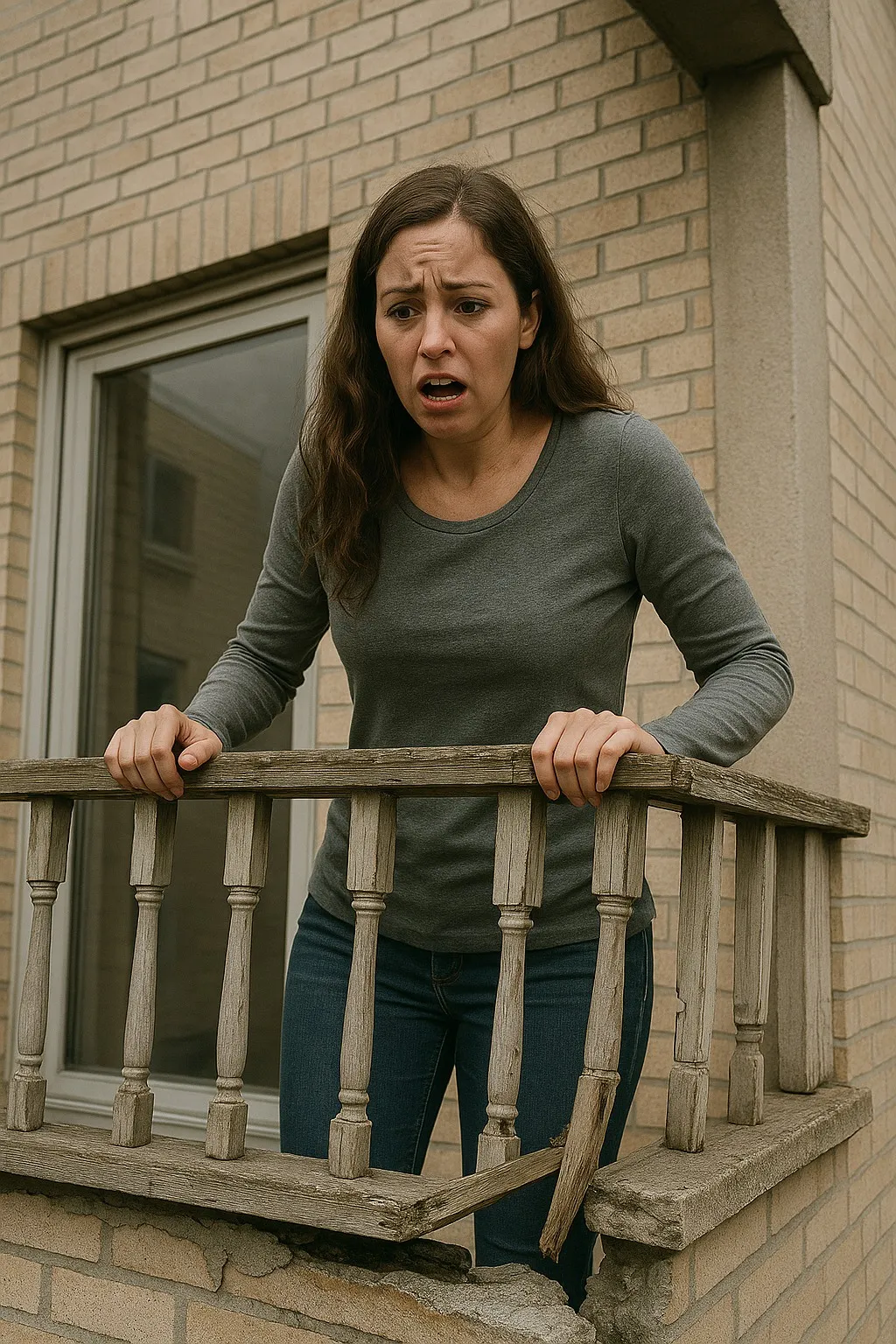 Een balkon met zichtbare scheuren en verzakking dat mogelijk instabiel is