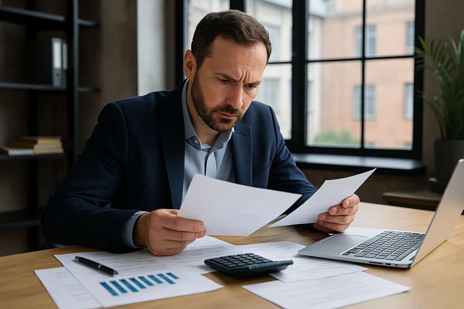 Een ondernemer die zakelijke financiën of facturen bekijkt aan een bureau