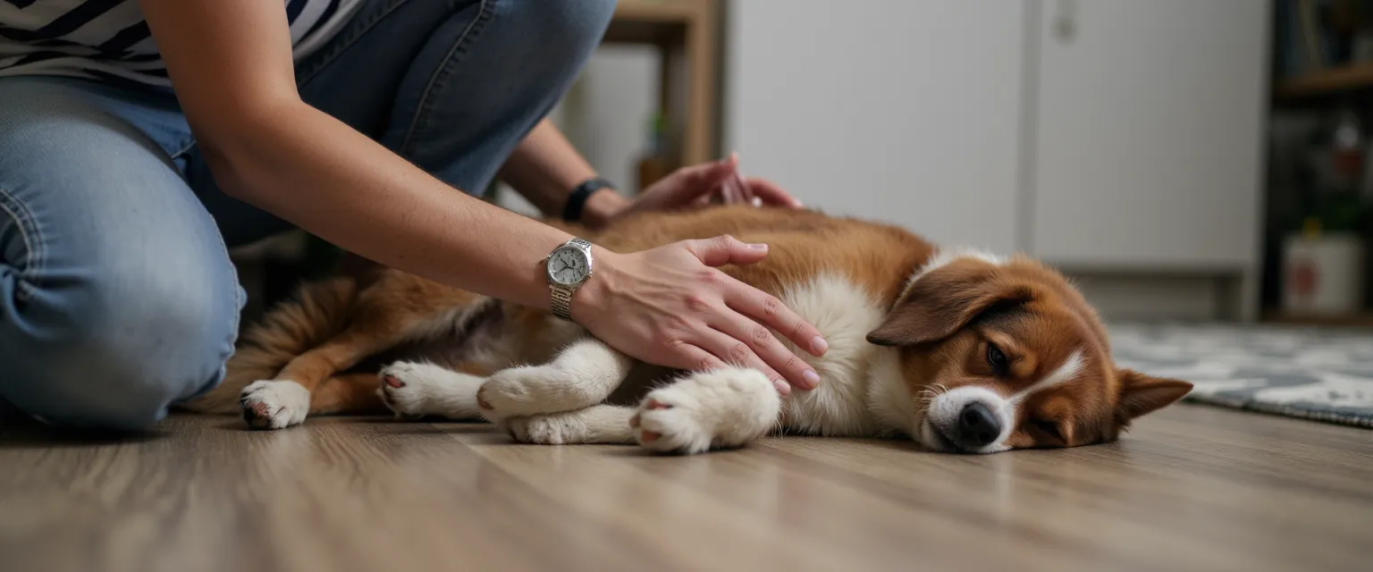 Een hond of kat die zichzelf krabt door ernstige jeuk, terwijl de eigenaar de huid controleert