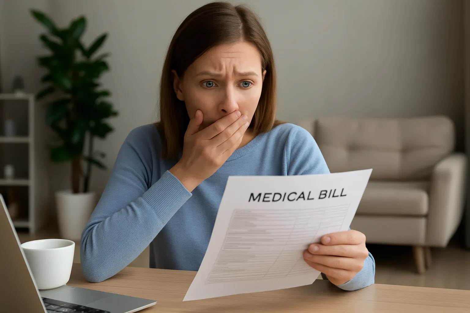 Iemand die geschrokken een hoge zorgrekening bekijkt op een tafel