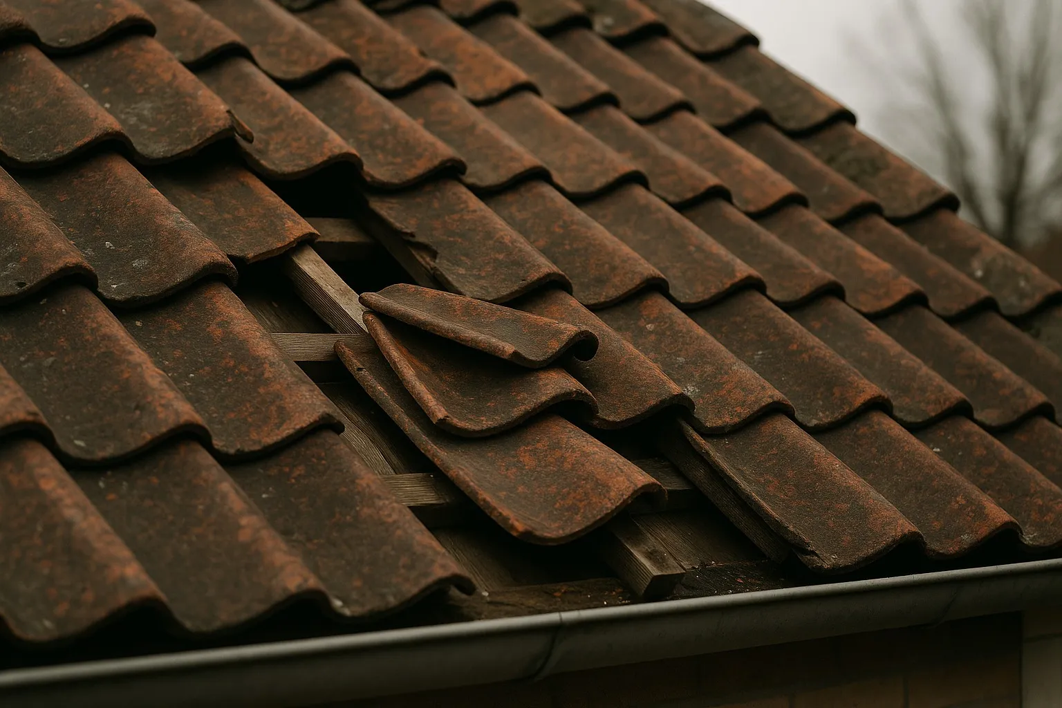 Dak met verschoven of losliggende dakpannen door storm