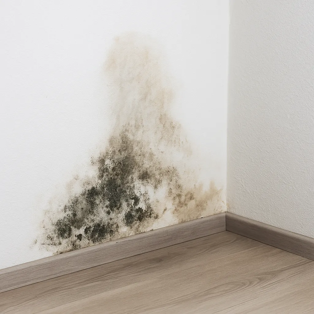 Vochtplek en schimmelvorming op een muur door lekkage