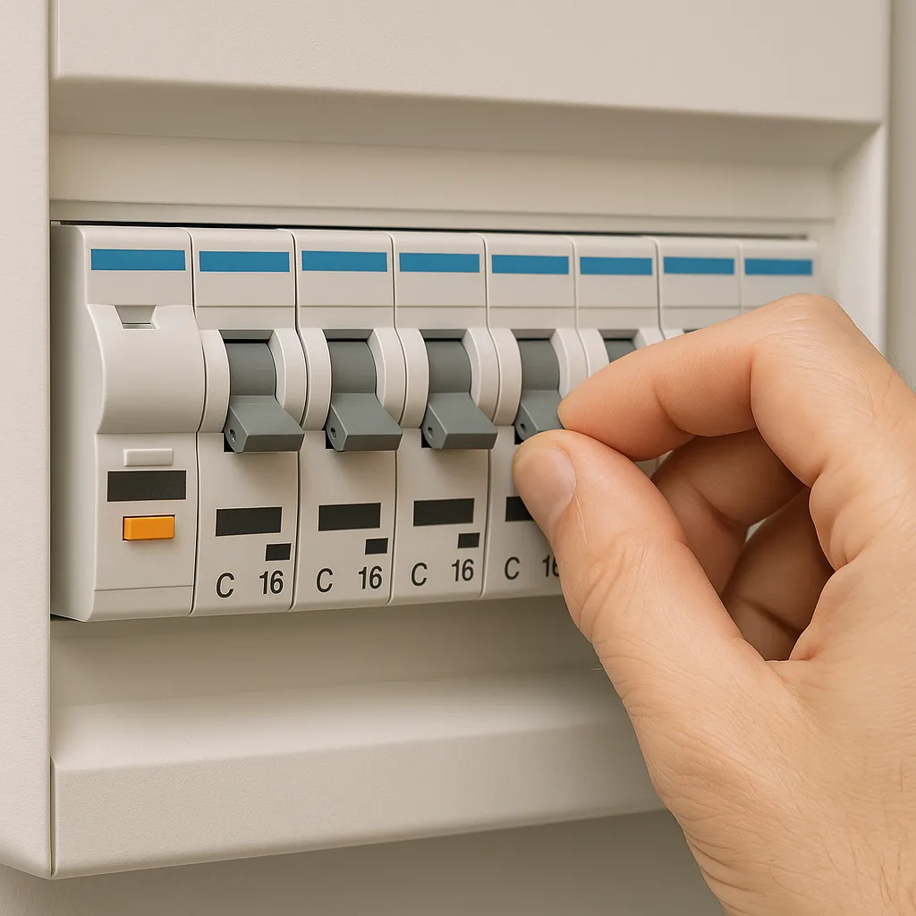 Hand die een groep in de meterkast uitschakelt bij kortsluiting in huis