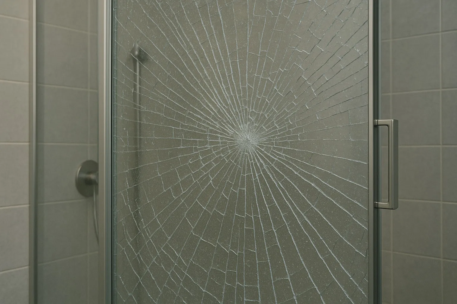 Een douchewand van glas met een zichtbare barst die een veiligheidsrisico vormt