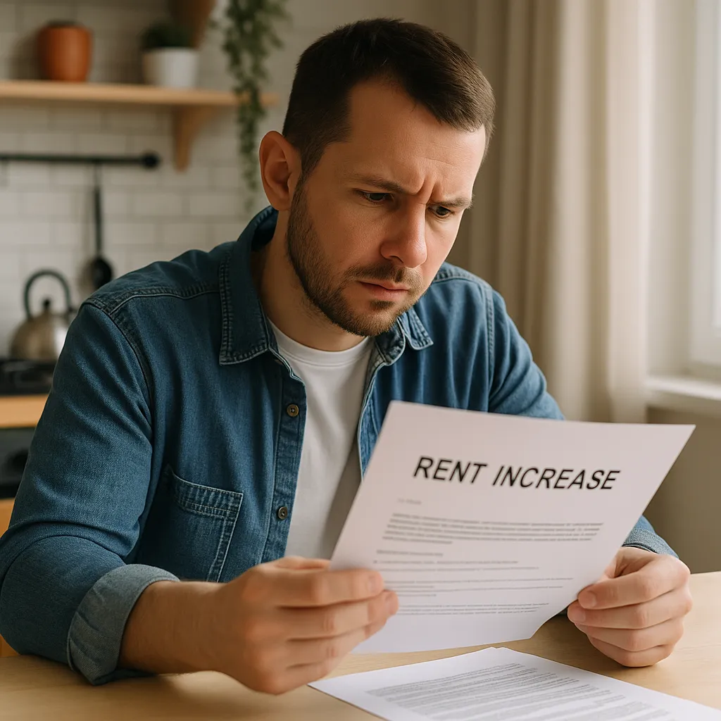 Iemand die een brief over huurverhoging leest aan de keukentafel