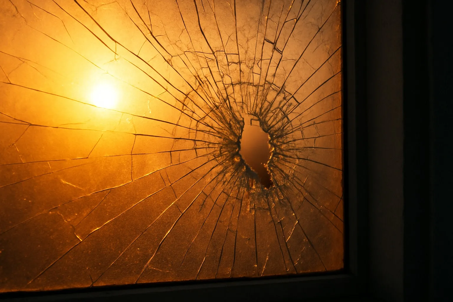 Gesprongen ruit met barsten veroorzaakt door hitte