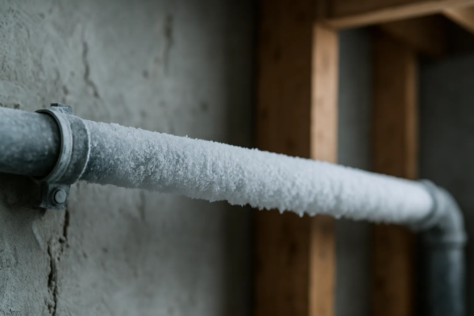 Bevroren waterleiding met rijpvorming in een koude ruimte