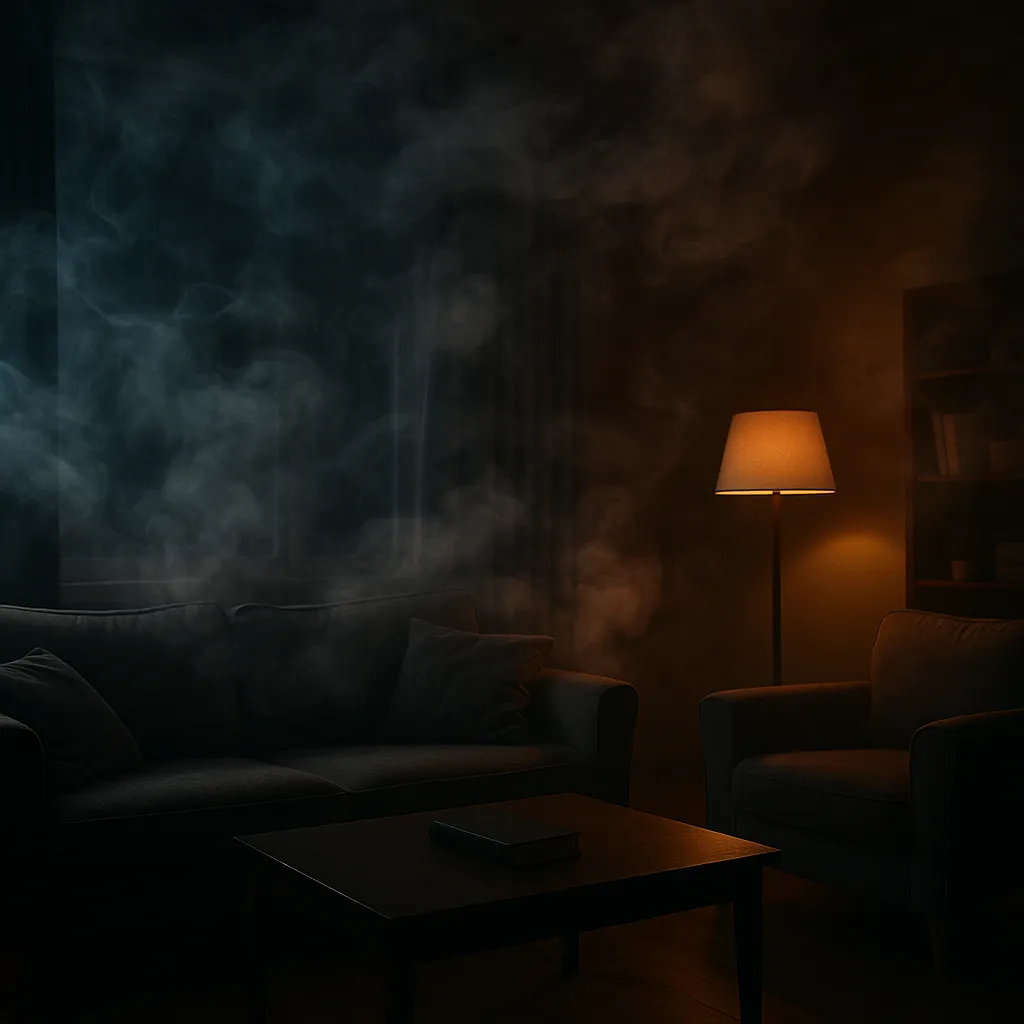 Rokerige woonkamer met licht zichtbare rookpluimen en onheilspellende gloed