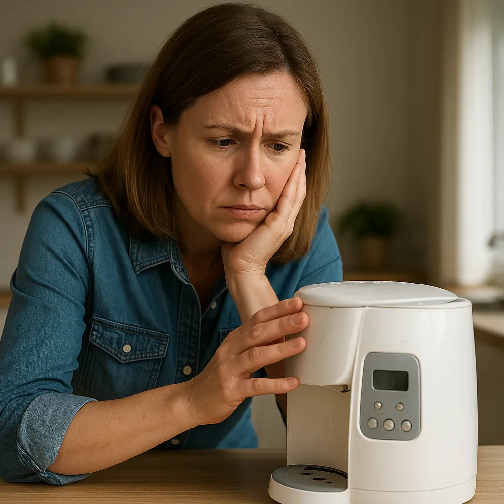 Iemand die naar een defect huishoudapparaat kijkt terwijl de garantie verlopen is