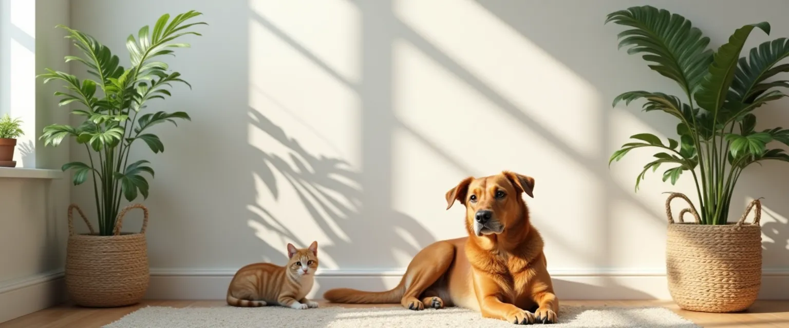 twee kamerplanten en een hond en kat