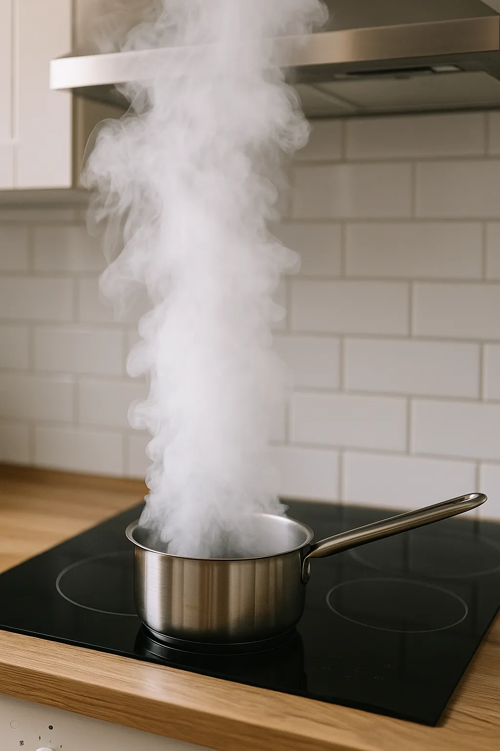 Rookontwikkeling boven een kookplaat in een keuken met een pan op het vuur