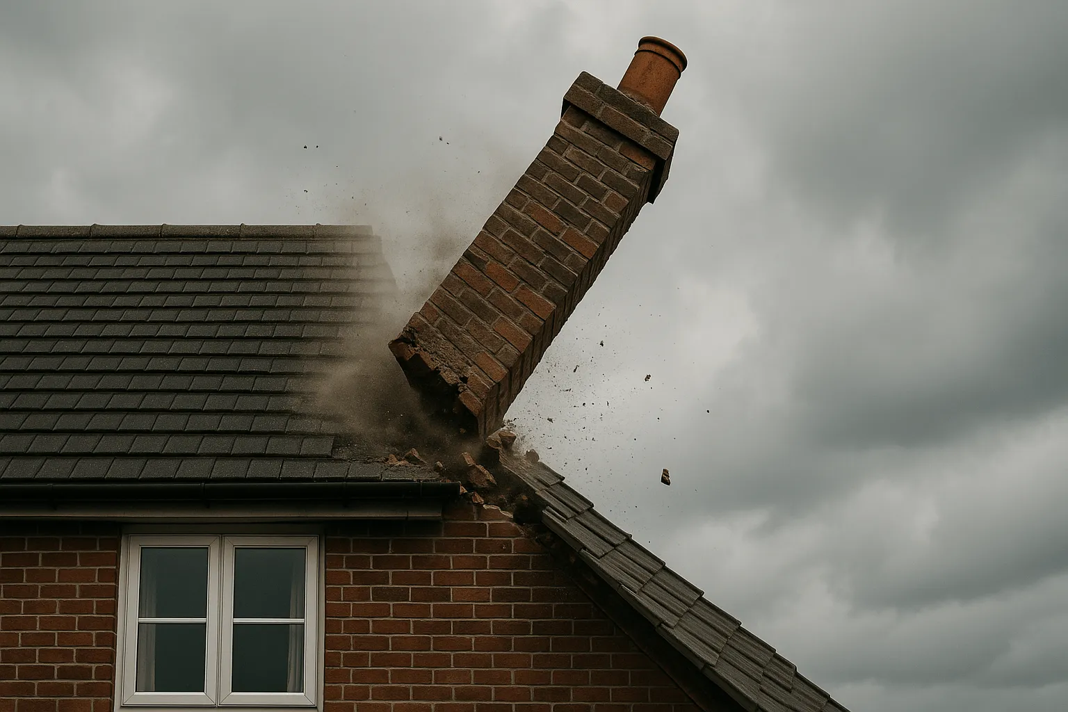 Schoorsteen die instort of scheef op het dak staat