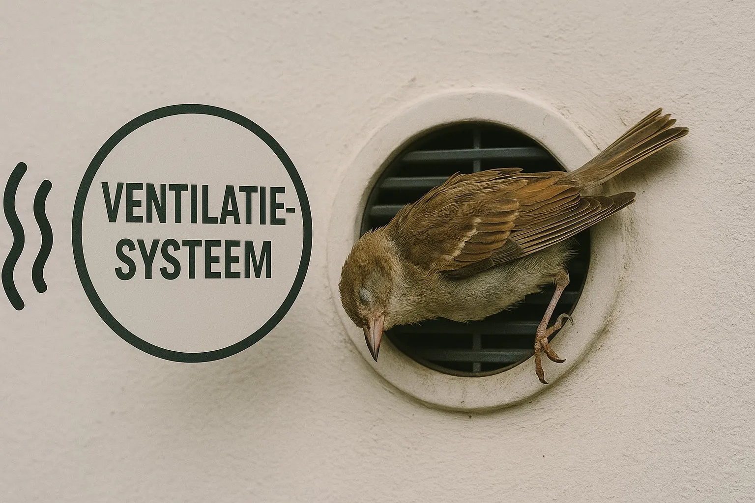 Ventilatierooster waar een verstopping door een dode vogel wordt onderzocht