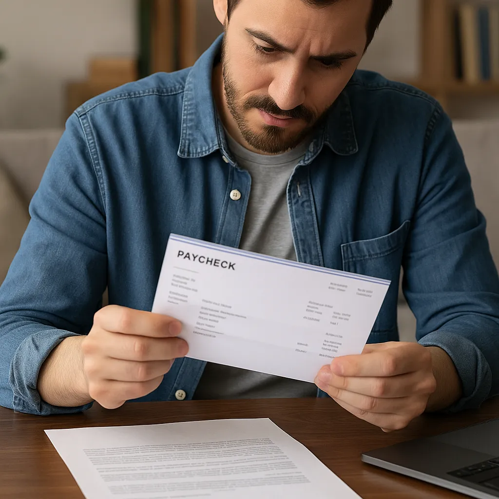 Een persoon die aandachtig een loonstrook bekijkt aan tafel
