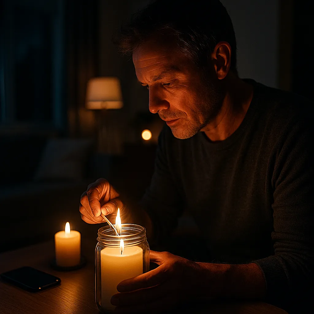Huiskamer met kaarslicht tijdens stroomuitval