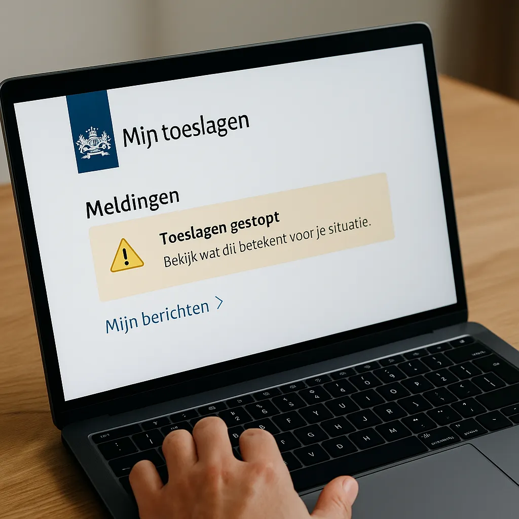 Iemand die op een laptop inlogt op Mijn Toeslagen en een melding ziet over gestopte toeslagen