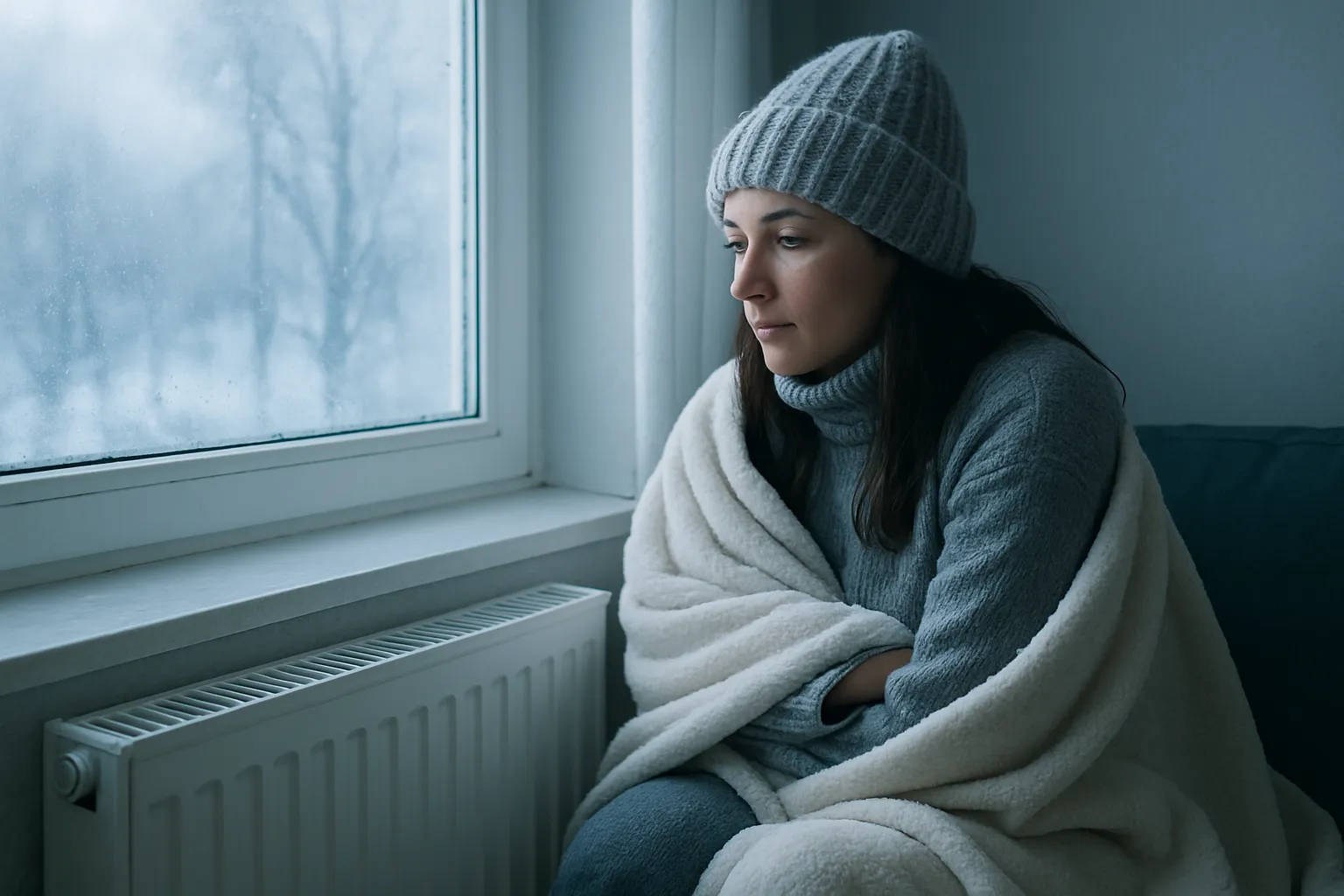 Koude woonkamer met een radiator die niet warm wordt tijdens winterweer