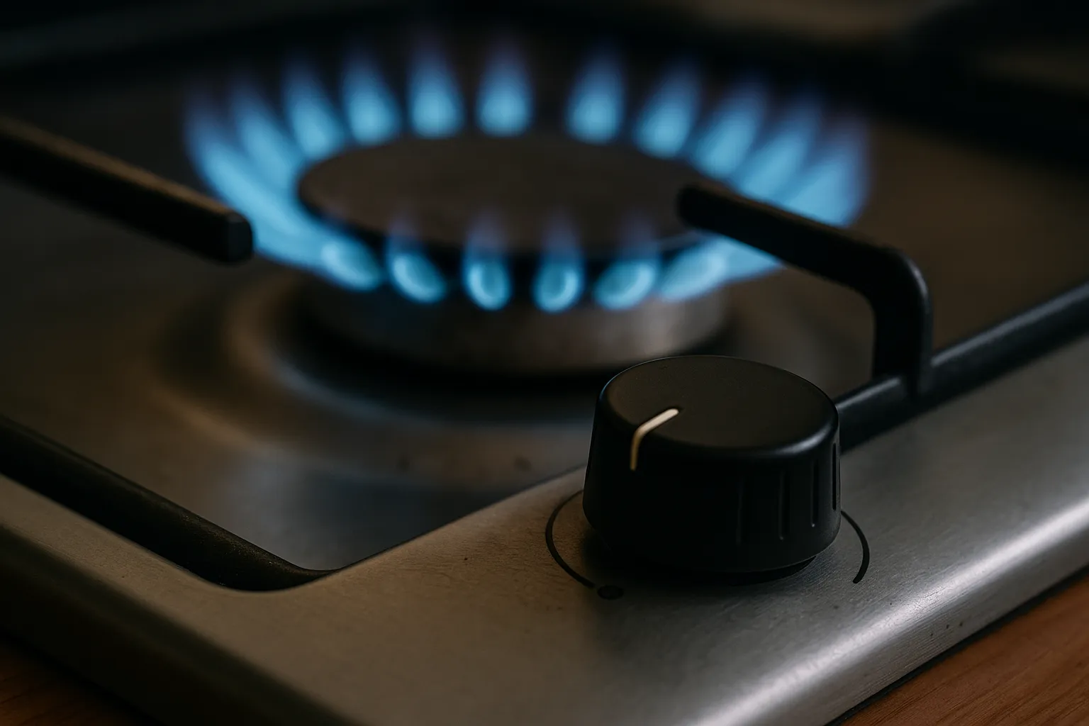 Close-up van een gasknop die vastzit terwijl een gasvlam blijft branden