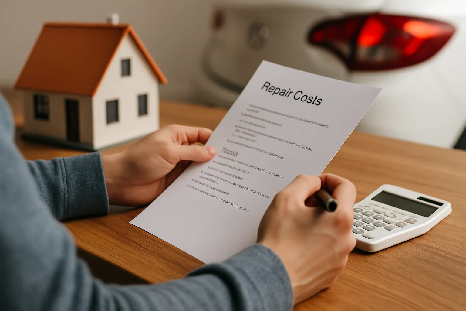 Een persoon die onverwachte reparatiekosten bekijkt voor auto of huis