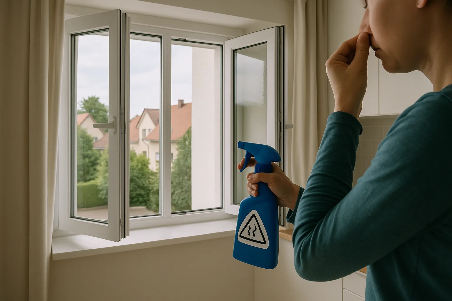 Woonkamer of keuken met open ramen terwijl iemand een chemische geur probeert te ventileren