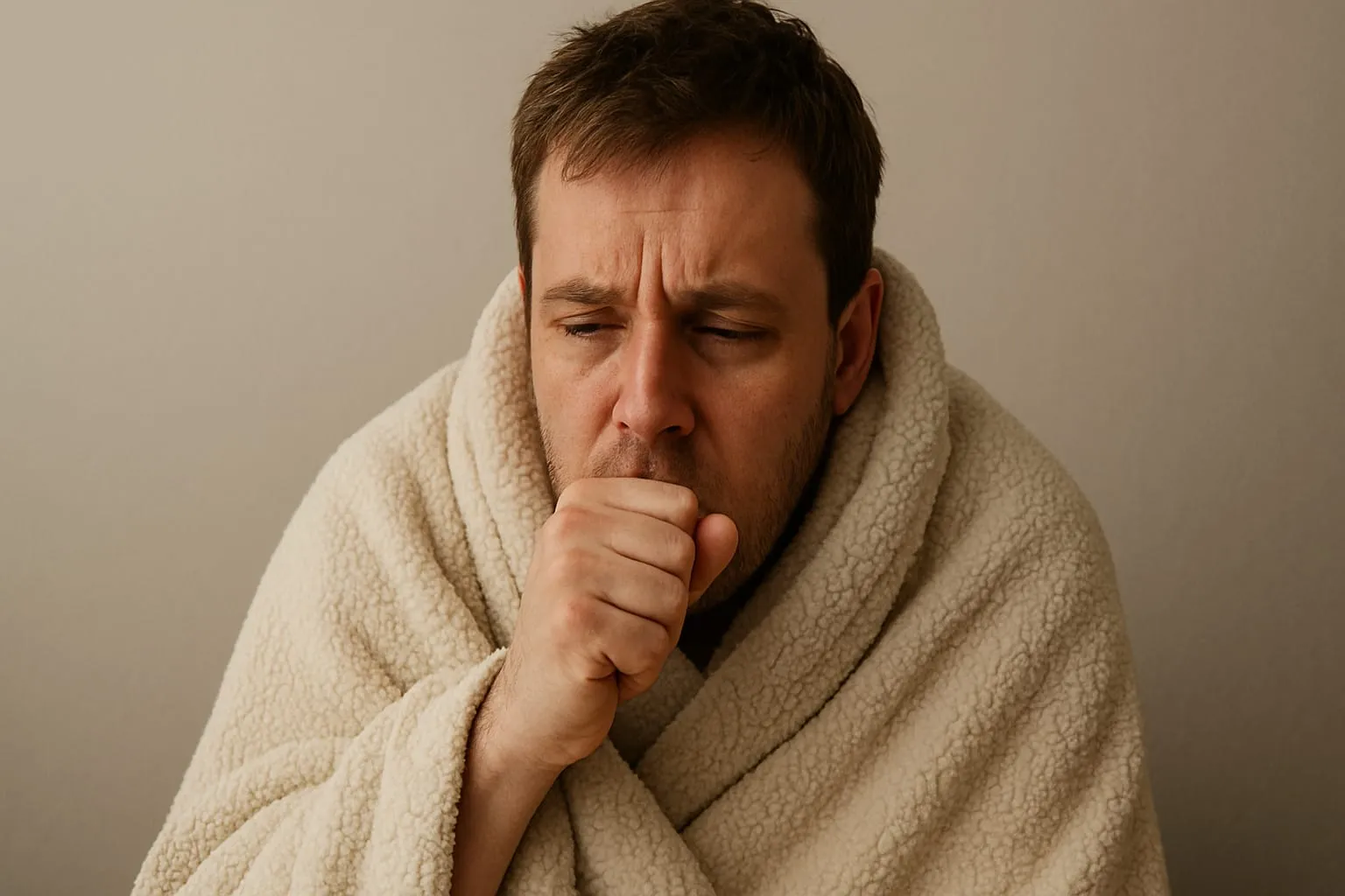 Volwassene met aanhoudende keelpijn die zijn keel vasthoudt