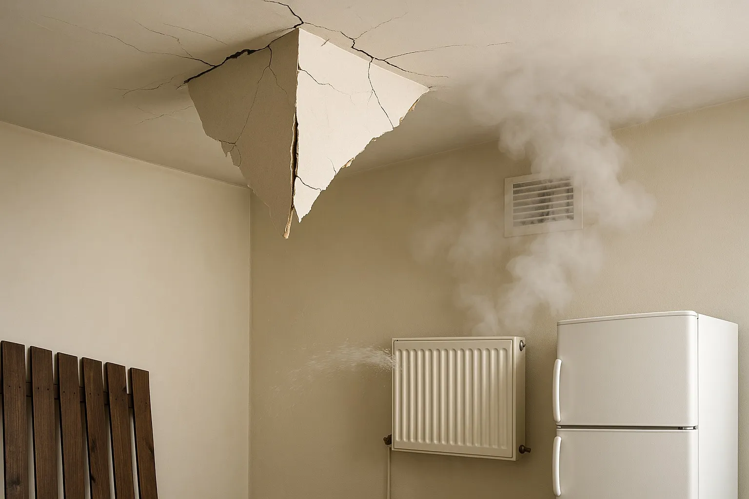 Een gipsplaten plafond dat doorzakt en scheuren vertoont door instortingsgevaar