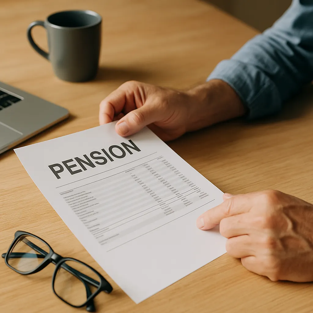 Een persoon die een pensioenoverzicht of uitkeringsspecificatie bekijkt aan tafel