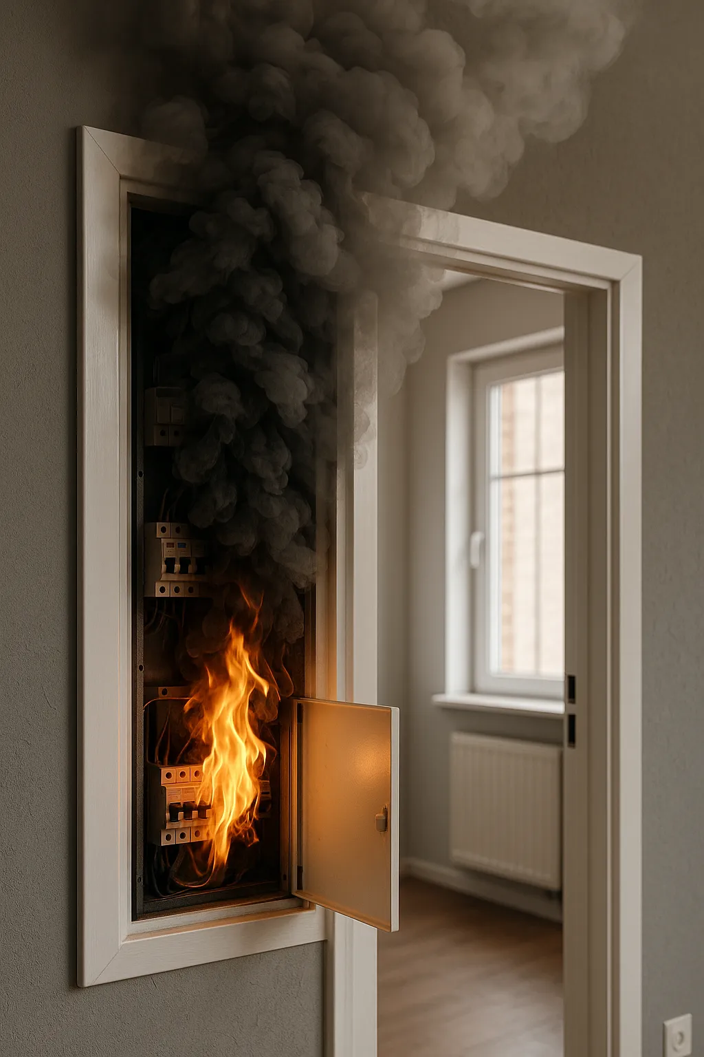 Rook die uit een brandende meterkast komt in een woning
