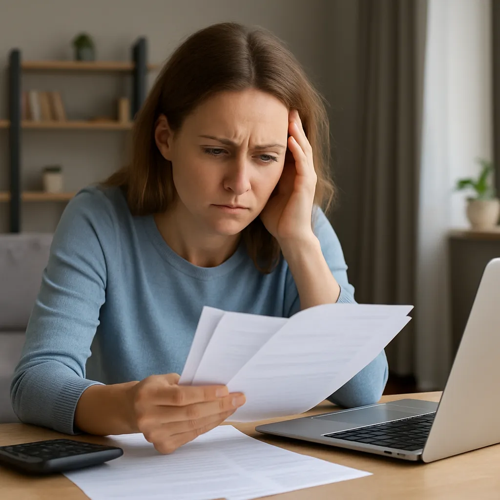 Een persoon die bezorgd naar documenten kijkt na plotseling baanverlies of ziekte