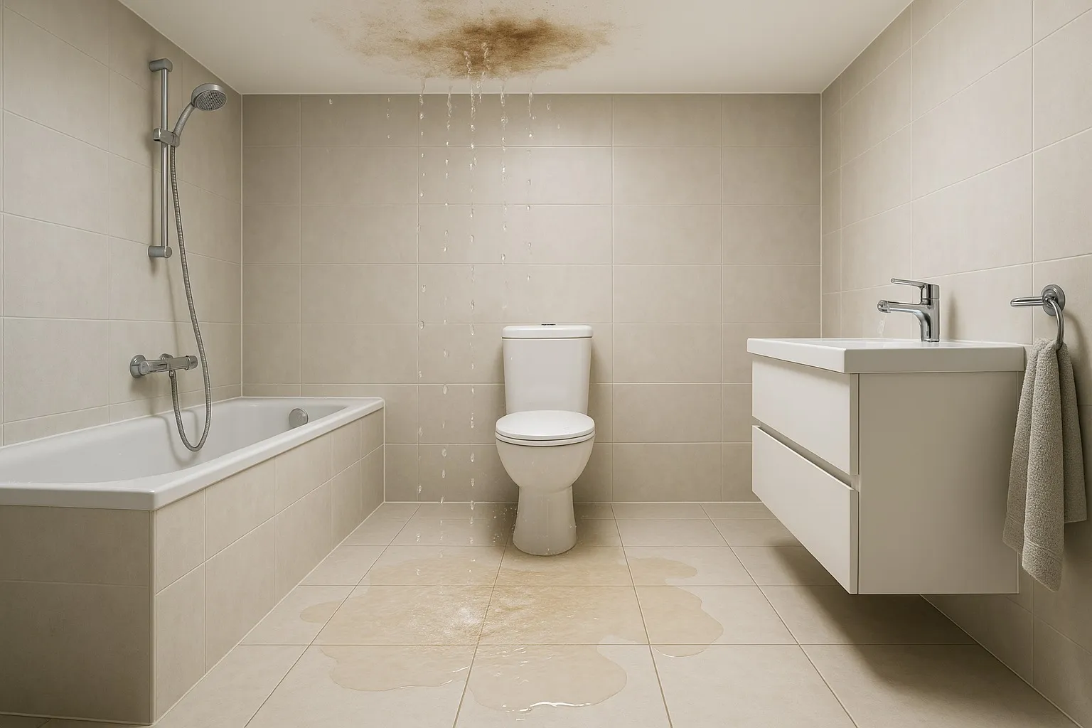 Waterlekkage in een badkamer met natte tegels en vochtplekken