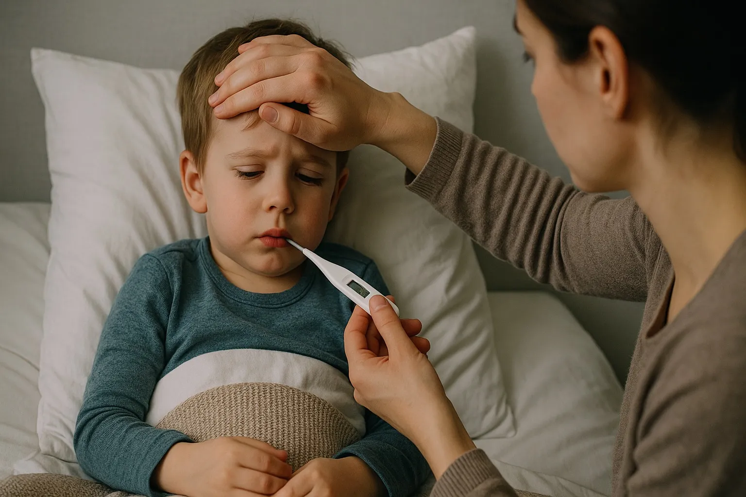 Kind dat ziek op de bank ligt met een thermometer