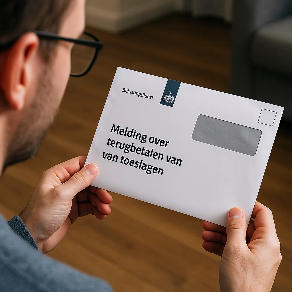 Iemand die een brief of melding van de Belastingdienst over terugbetaling van toeslagen bekijkt