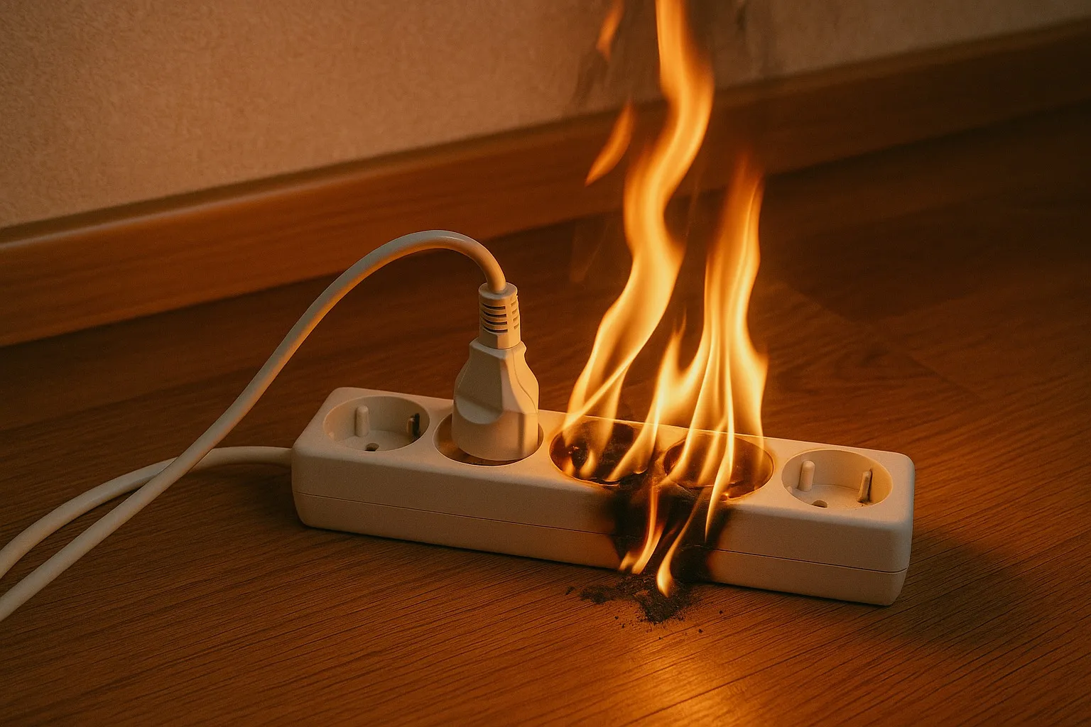 Oververhit verlengsnoer met stekkerdoos dat brandgevaar veroorzaakt in huis