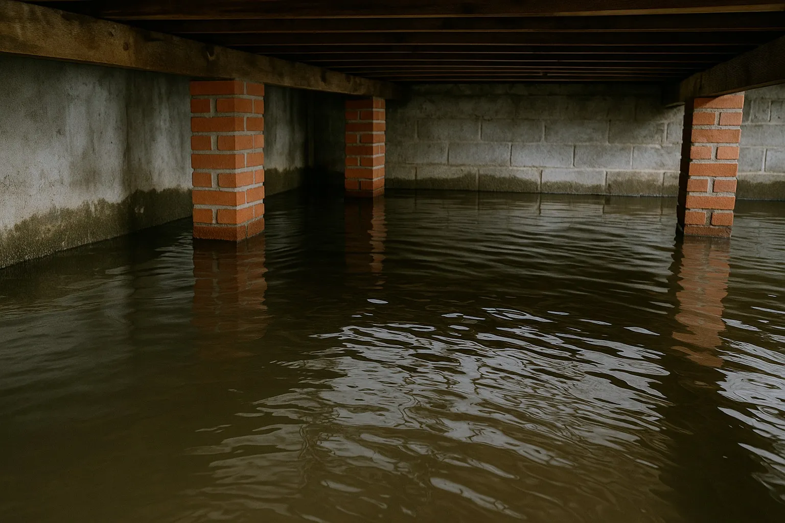 Natte kruipruimte met stilstaand water na hevige regenval
