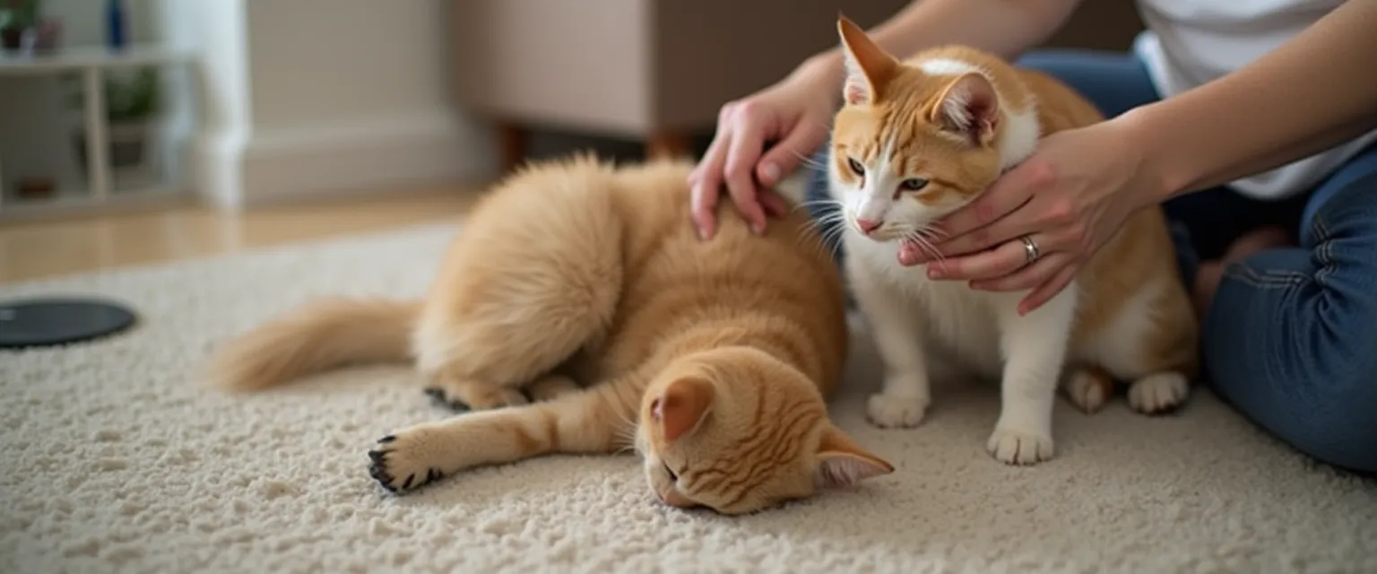Een hond en kat waarvan de eigenaar de vacht en buik controleert op tekenen van wormen