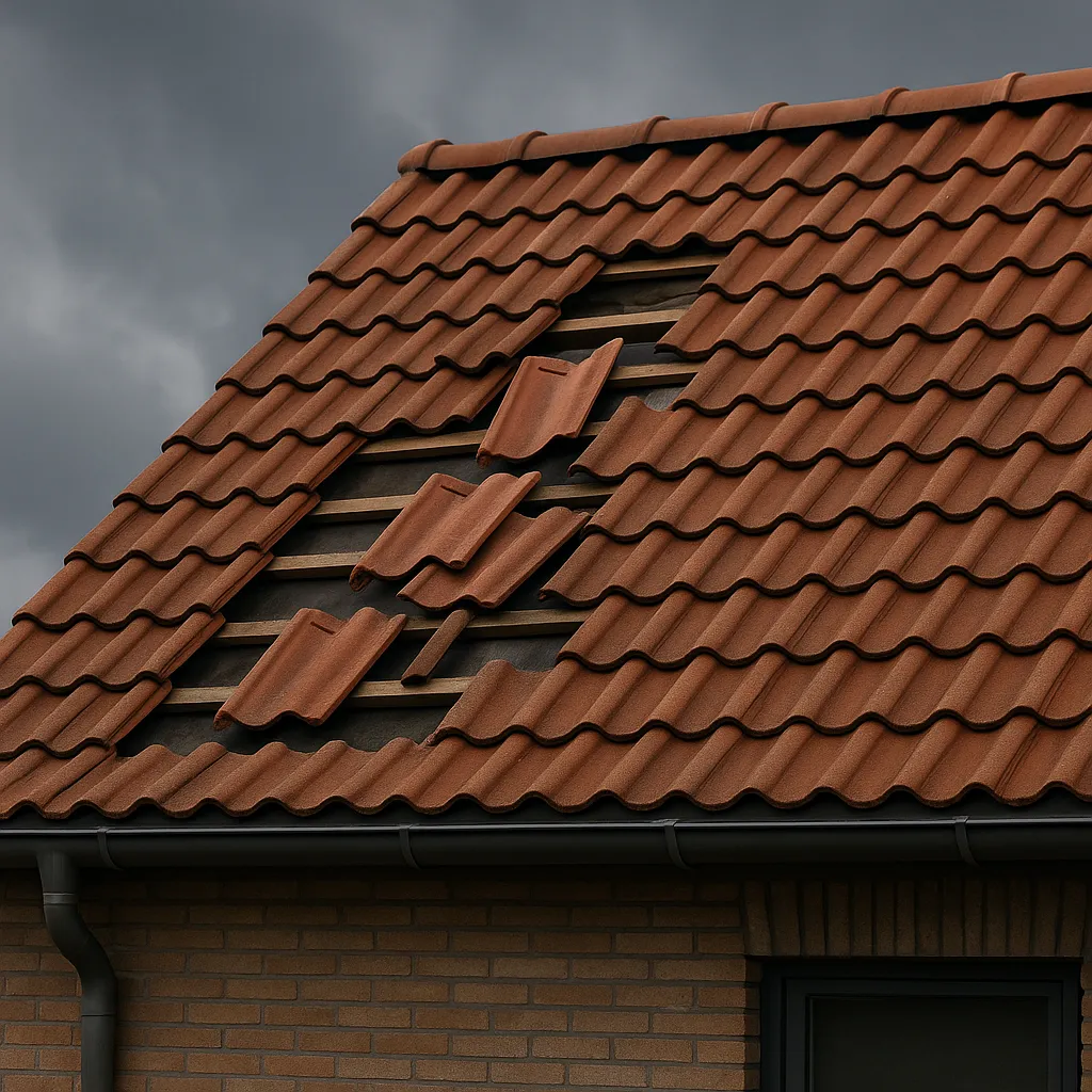 Dak van een woning met weggewaaide dakpannen na een storm