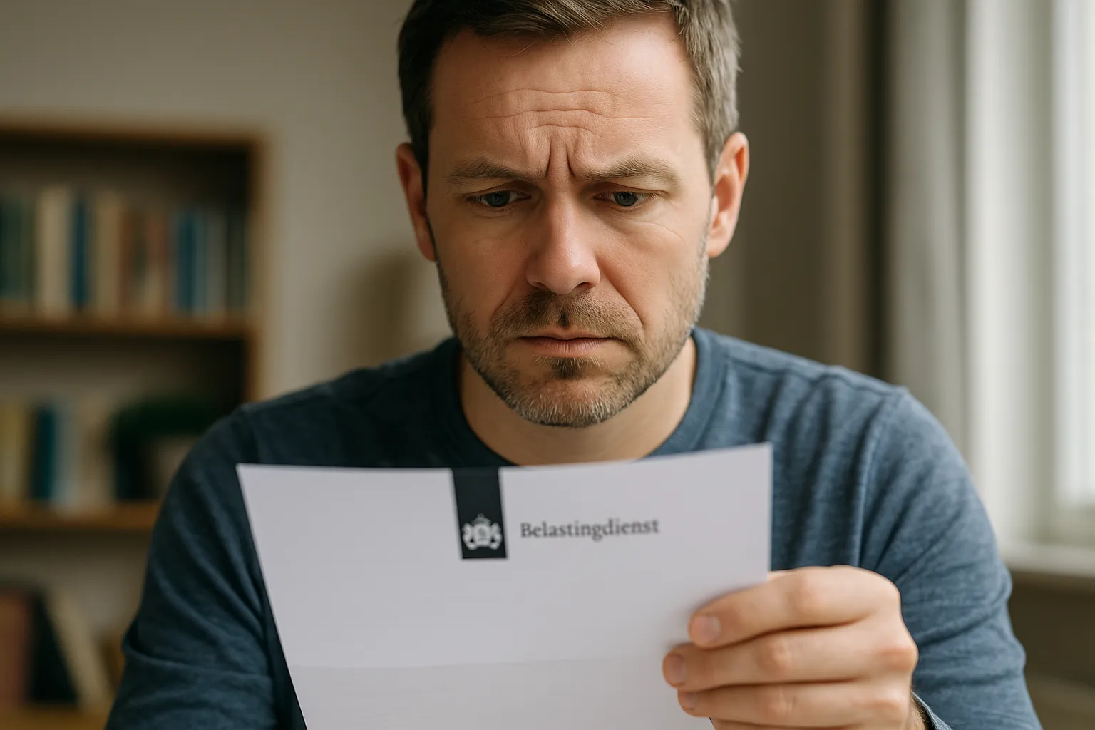 Iemand die een brief of melding van de Belastingdienst bekijkt met een bezorgde blik
