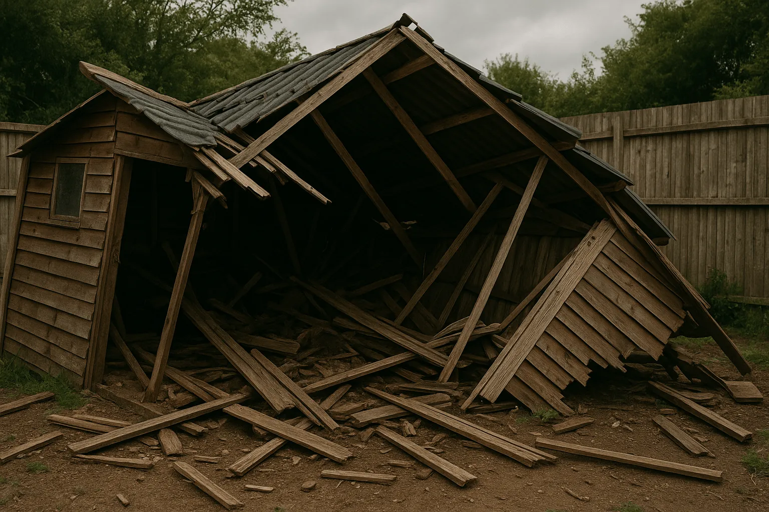 Ingestorte schuur of dak met beschadigde constructie