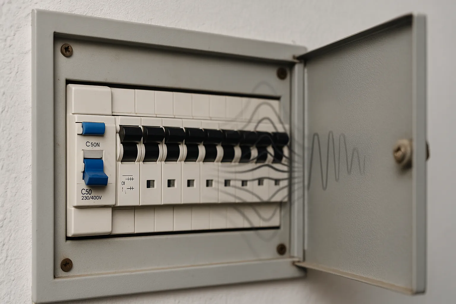 Elektrische meterkast van dichtbij met hoorbare trillingen of bromgeluid