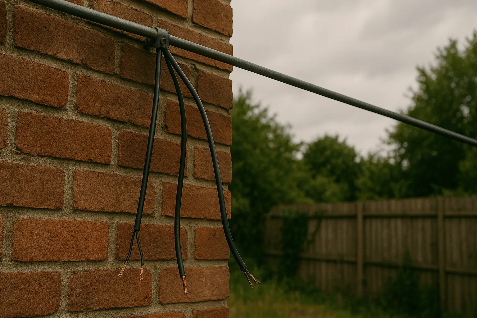 Loshangende elektriciteitskabel buiten na stormschade