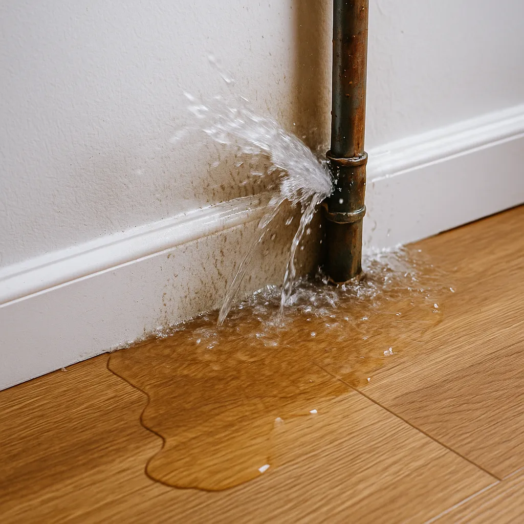 Water dat uit een gesprongen waterleiding stroomt in een woning, met zichtbare waterschade
