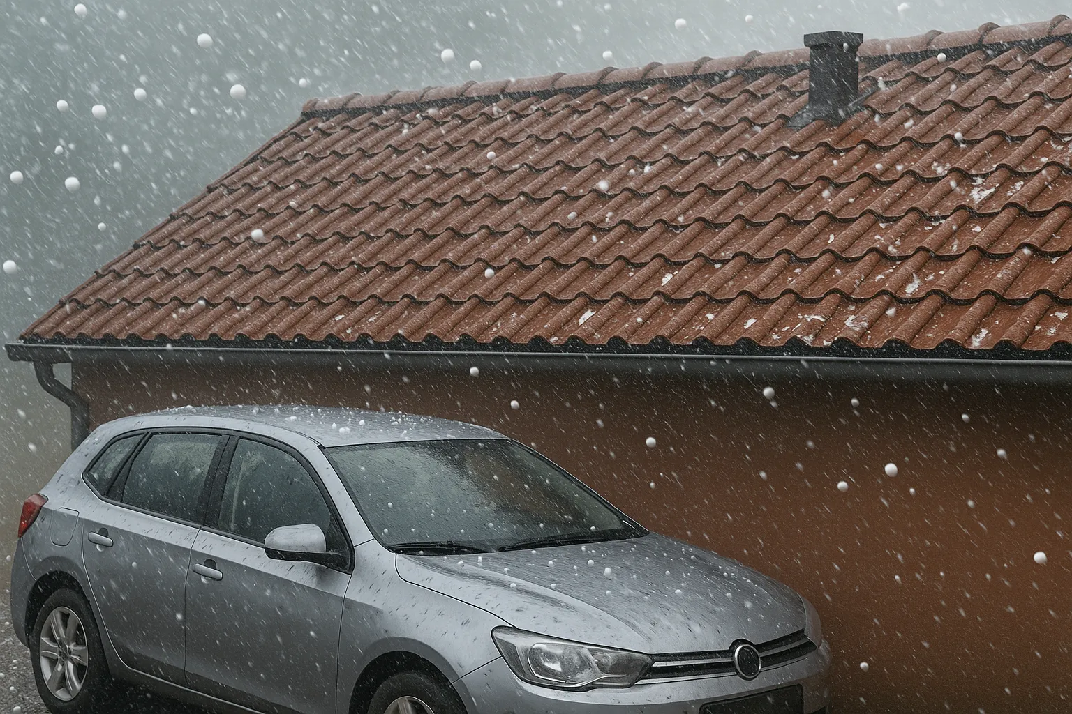 Dakpannen en auto met zichtbare schade door een hevige hagelbui