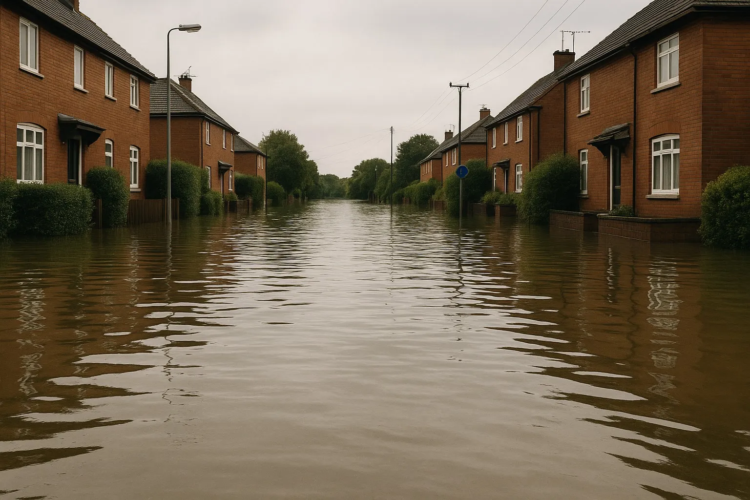 Straat die overstroomd is door hoog water