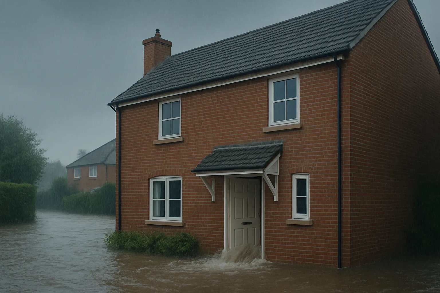 Overstroomde straat en water dat een woning binnendringt door zware regenval