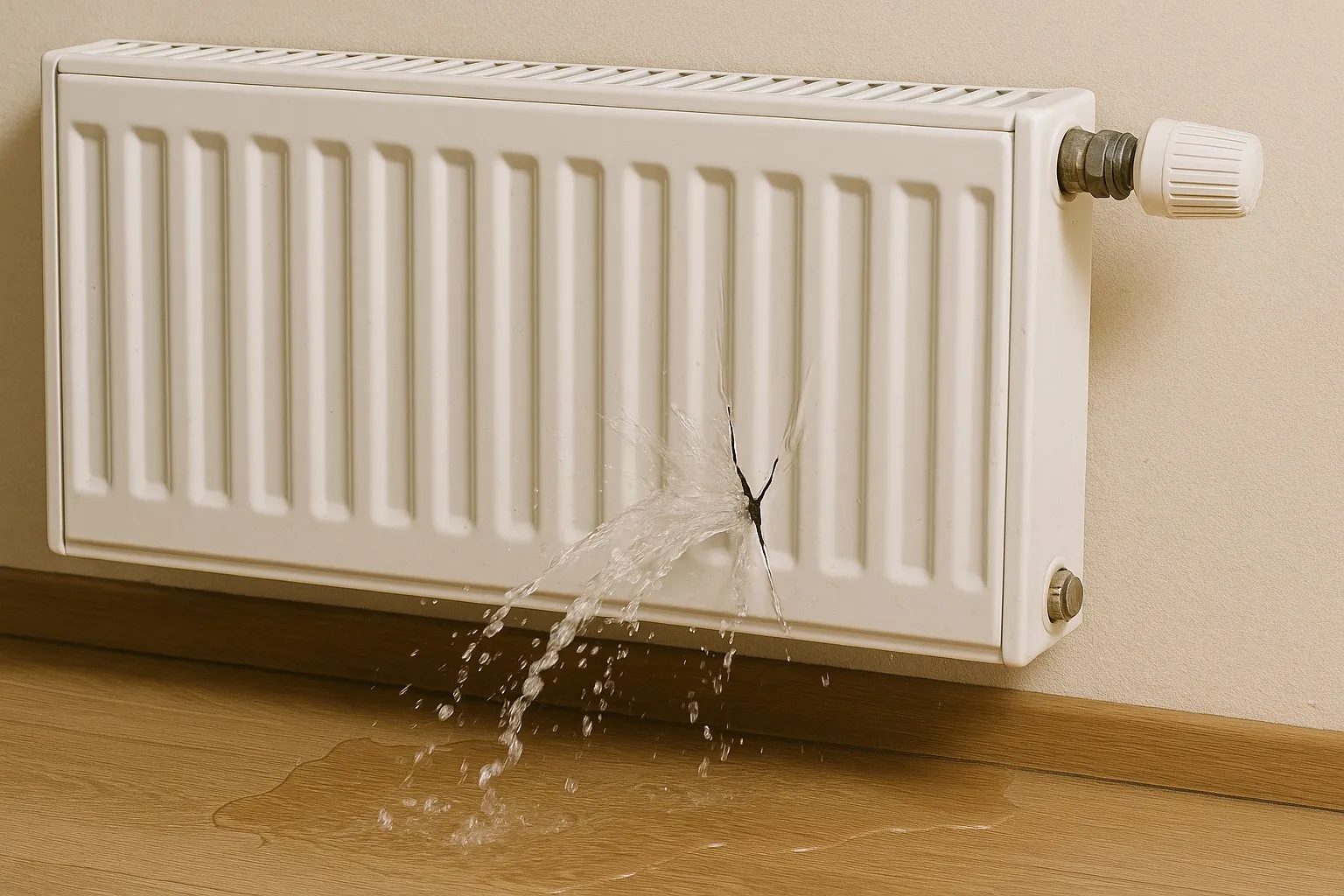 Een radiator waar water uit lekt en de vloer nat wordt door een gesprongen radiator