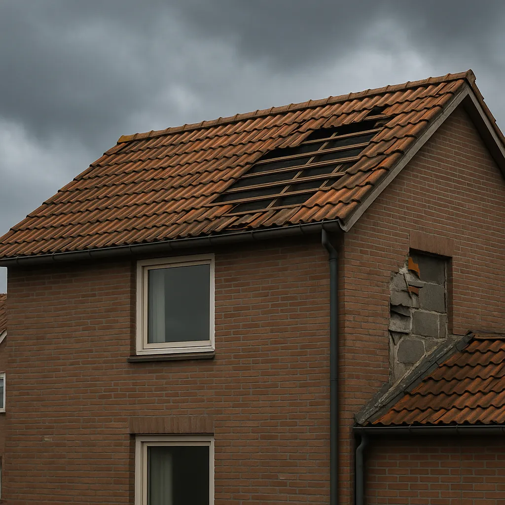Dakpannen en gevelschade door storm bij een woning