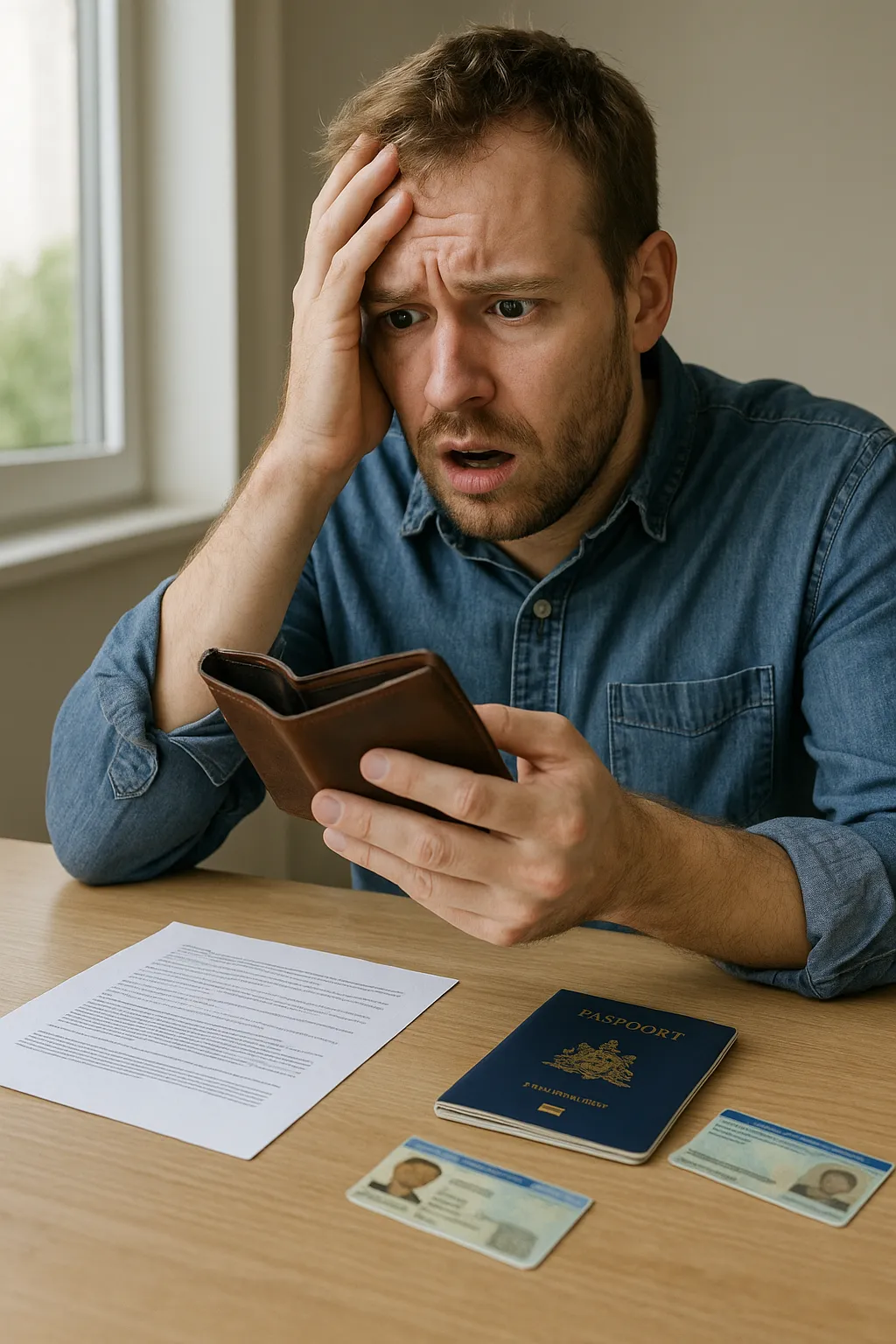 Een persoon die realiseert dat belangrijke documenten of identiteitsbewijzen kwijt zijn